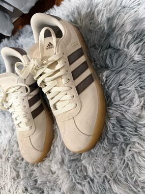 Adidas Women’s Cream Suede Sneakers with Brown Stripes